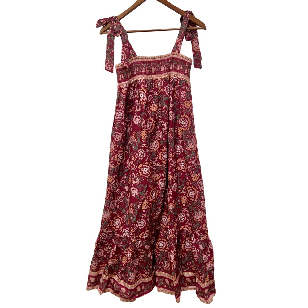 Storia Womens Burgundy Floral Smocked Tiered Maxi Dress Bows S Boho Cottage